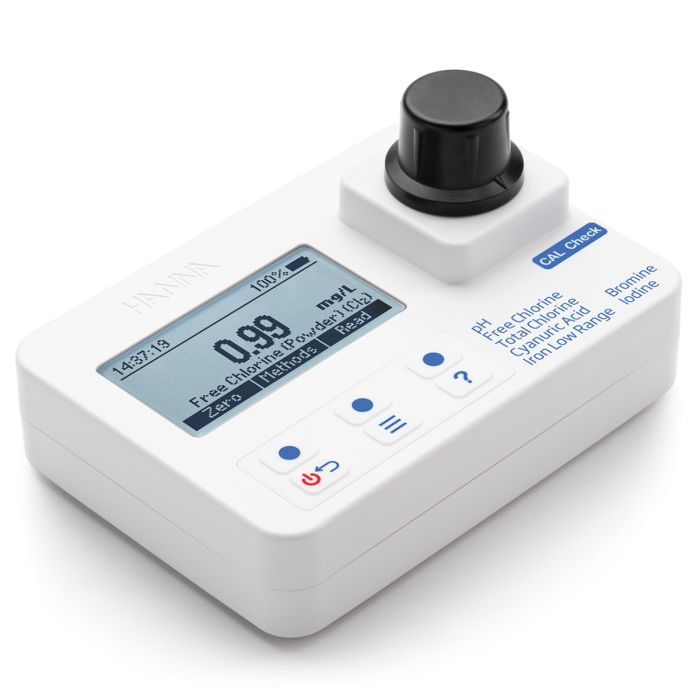 Bromine,  Chlorine,  Cyanuric Acid,  Iodine,  Iron,  and pH Portable Photometer with CAL Check – HI97101